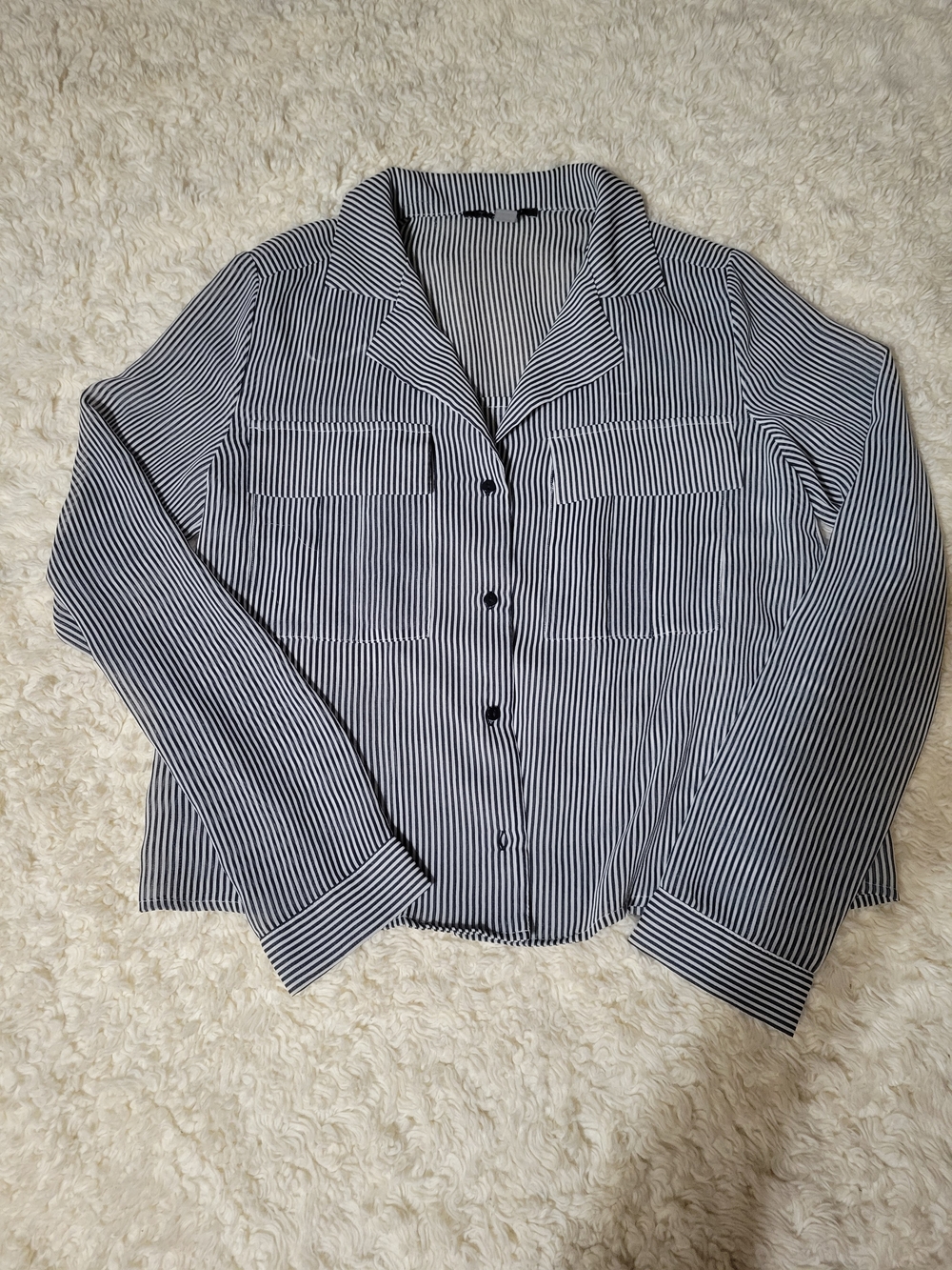 Tahari Sheer Black and White Striped Button-Down Shirt | XS